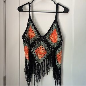 Crochet Fringe Tank Top in Black, Orange & Olive
